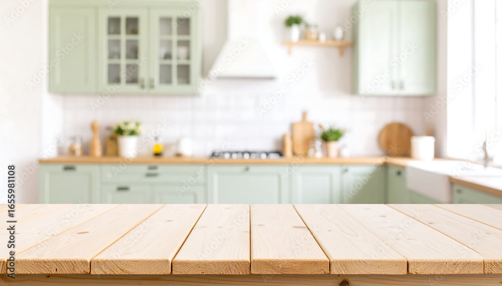 Fototapeta premium Light Wooden Tabletop in Blurred Bright Green Kitchen; Calm, Clean, and Modern Design.