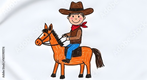 Cartoon illustration of a smiling cowboy riding a brown horse, facing forward.
