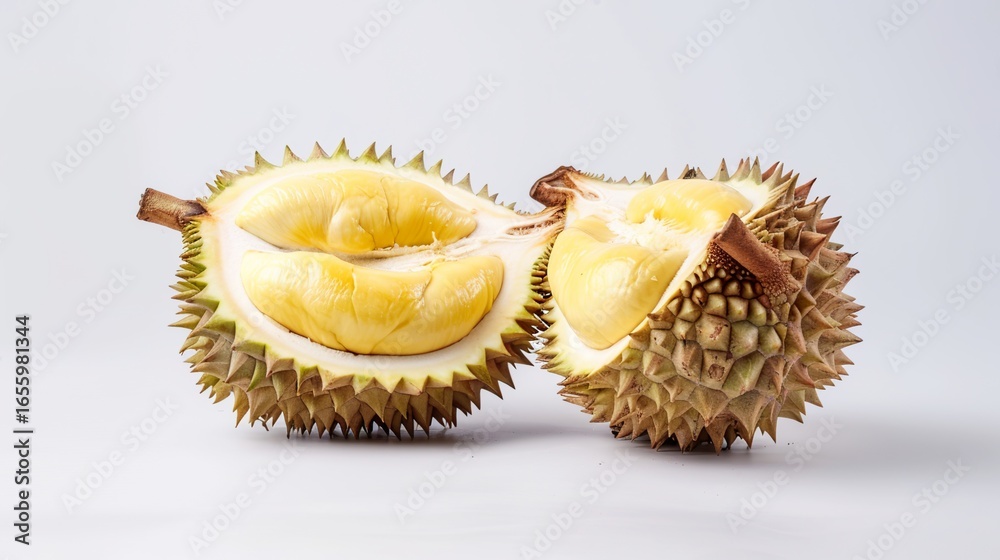 Fototapeta premium A Cut Open Durian: Spiky Exterior Split to Reveal Creamy, Pungent Flesh—Tropical King of Fruits Unveiling Its Rich, Aromatic Pulp in All Its Unique Glory