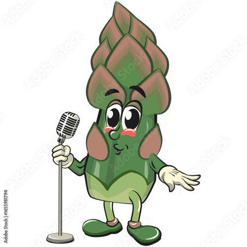 cute asparagus cartoon mascot character vector illustration on front of the mic, work of hand drawn