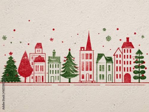 Christmas town with red and green houses and trees covered with snow and falling snowflakes on textured paper. Perfect for Christmas or New Year cards or invitations. Retro graphic illustration.