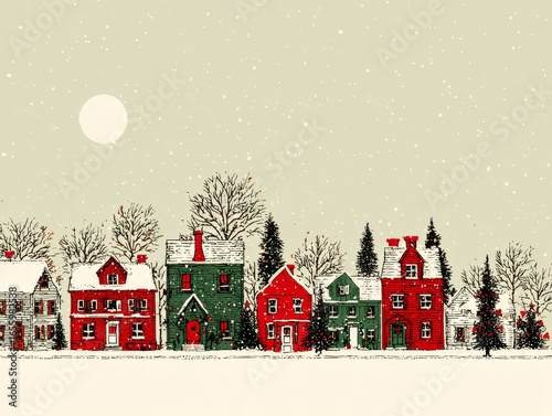 European town street with festive Christmas trees, decorated buildings and snowflakes. Seasonal decorative image for packaging, cards or wrapping paper. Flat retro illustration.