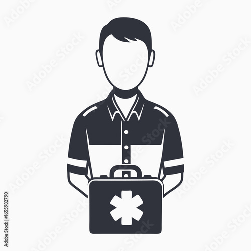 Monochrome Faceless Paramedic Holding Medical Kit on White Background