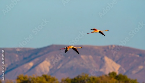 Two flamingos in flight against a backdrop of mountains.