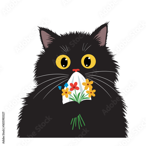 Flat icon of fluffy black cat sniffing flowers and sneezing (allergy)