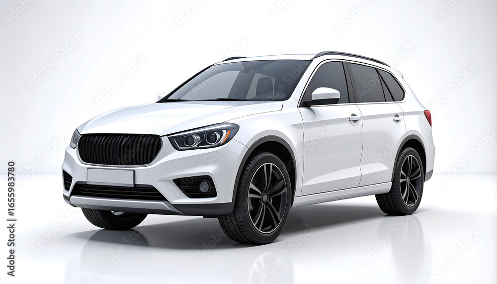 Naklejka premium Sleek White Modern SUV, Studio Shot, Clean Design, Luxury Feel, Premium Vehicle, Isolated Background, Three-Quarter View, Bright Lighting, Perfect for Automotive Advertising.