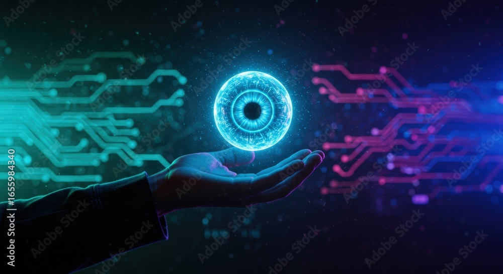 Obraz premium Hand in Dark Sleeve Holding Glowing Orb with Blue Eye against Futuristic Neon Digital Circuits