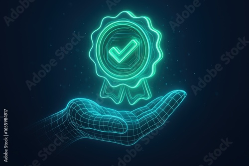 Guarantee of Excellence: An abstract hand cradles a glowing digital badge signifying guarantee, quality, and trust, perfect for showcasing reliability in a technological environment.