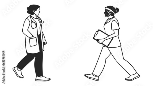 Doctor and nurse walking in hospital hallway providing healthcare and medical service, illustration style vector design showing teamwork and dedication