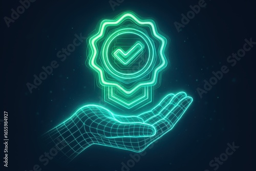 Digital Assurance: A cutting-edge, digital representation of a hand cradling a neon-lit, glowing seal of approval, representing reliability, quality, and precision.