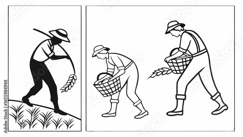 Farmers harvesting wheat in the fields a vintage monochrome illustration depicting agricultural labor and rural scenes with traditional farming practices