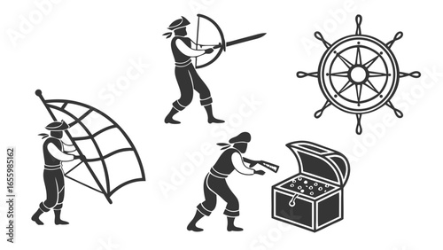 Pirate crew silhouette illustrations featuring a treasure chest, ship wheel, and pirates with weapons in vector format