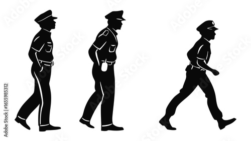 Three illustrated police officers in various stages of walking patrol are depicted in silhouette against a white backdrop, conveying security and authority