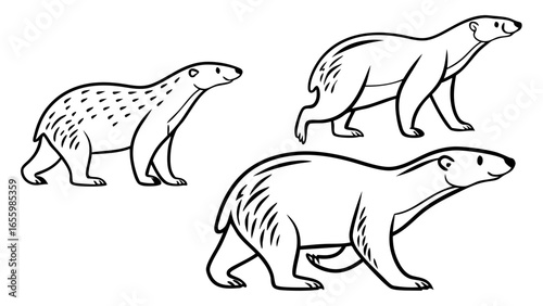 Three stylized polar bears in black and white vector illustration for wildlife conservation and arctic animal themes, perfect for educational resources
