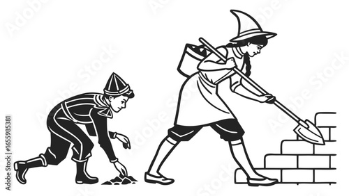 Vintage style illustration of two figures building a wall together in a classic storybook scene, embodying teamwork and traditional craftsmanship