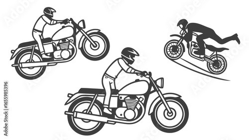 Vector illustration featuring three motorcycles with riders showcasing different riding styles and positions, silhouetted against a plain background