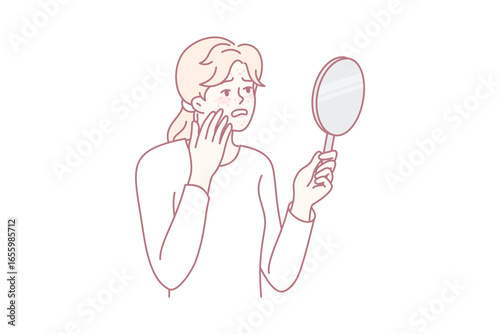 Distressed woman look in mirror worry about acne problems. Unhappy girl stress about pimples, having skincare troubles. Skin healthcare and dermatology. Vector illustration.