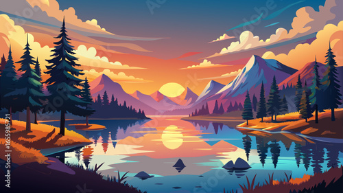 Stunning sunrise over serene lake, reflective waters shimmer, scenic forest landscape awakens, featuring majestic mountains, lush pine trees, vivid autumn colors, glowing horizon, peaceful atmosphere,