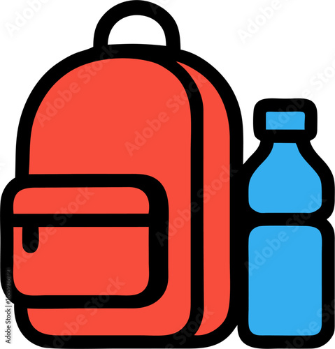 Illustration of a red school backpack with a blue water bottle, symbolizing student supplies, travel gear, daily essentials, education preparation, and outdoor activities.