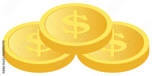 Three Stacked Gold Gradient Dollar Coin from Front Bottom Side