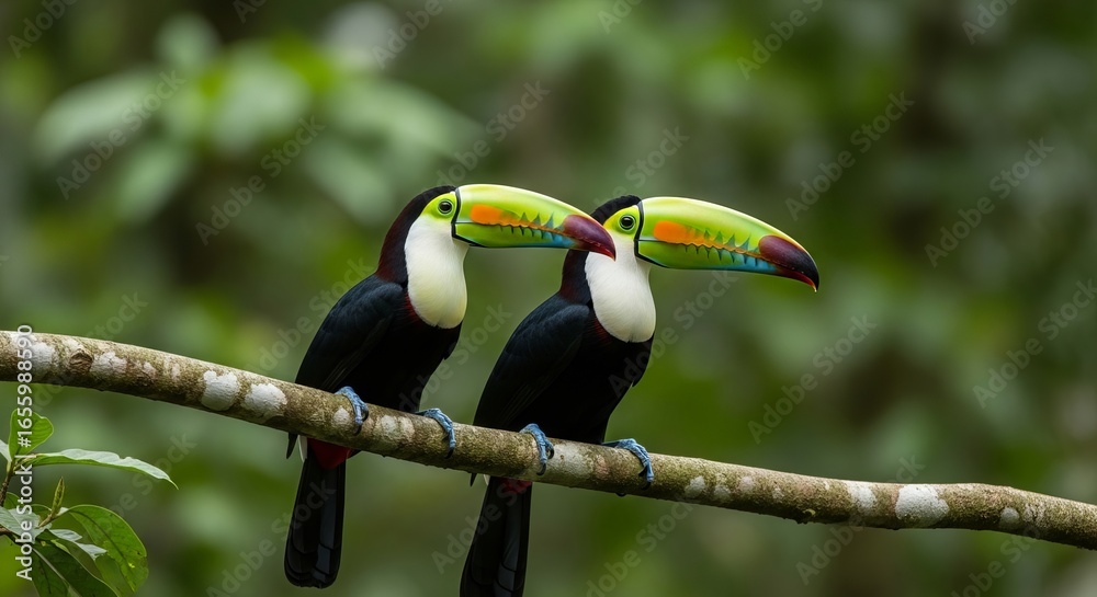 Fototapeta premium Pair of Colorful Toucans Perched on Branch in Tropical Rainforest.