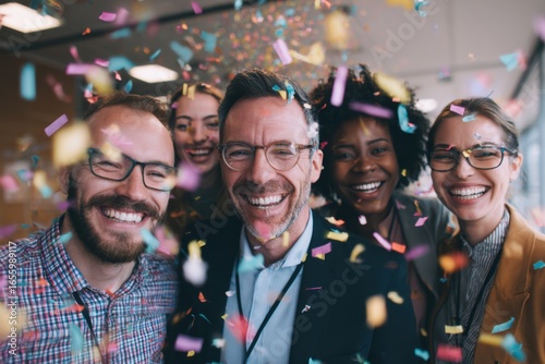 Happy Group Celebration with Colorful Confetti in Modern Office