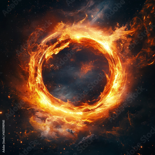 A fiery cosmic ring of orange and yellow energy surrounded by stars and dark space with nebula clouds