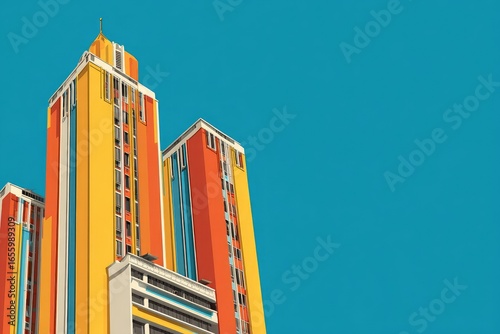 Colorful, stylized illustration of two tall buildings against a teal sky