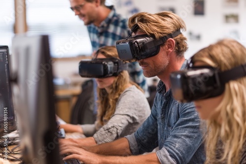 Individuals Engaged in Virtual Reality Experience in Creative Workspace