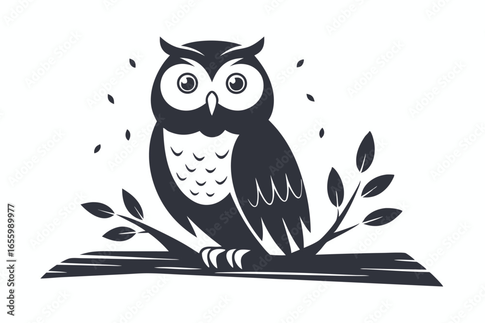 Fototapeta premium Cute owl perched on branch flat on white background