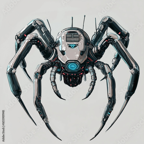 A robotic spider with multiple legs and a glowing blue eye standing on a plain light gray background