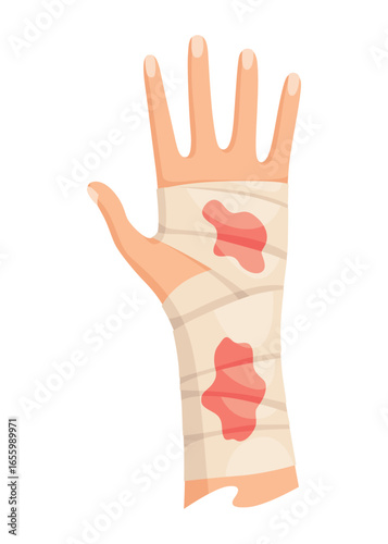 Hands injured skin and procedures of bandaging. First aid for wound. Medicine cure or treatment. First emergency help for human hand trauma