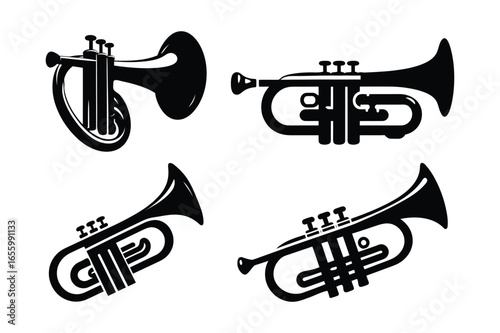 Black Silhouette trumpet Set Isolated on White Background, Vector Illustration black and white Trumpet Musical Instrument Set.