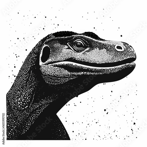 A striking black and white stipple illustration of a Komodo dragon's head, angled upward, set against a speckled background.