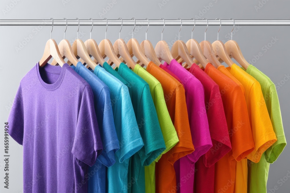 Obraz premium Colorful collection of t-shirts hanging on wooden hangers, showcasing vibrant hues of purple, blue, green, pink, orange, and yellow, ideal for fashion and retail displays