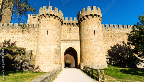 Ancient stone castle gatehouse with towers.