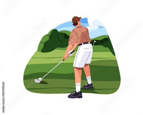 Sports player hits golfball on green lawn back view. Golfer swings to putt ball with club to hole. Young man in uniform is training on field. Flat isolated vector illustration on white background.