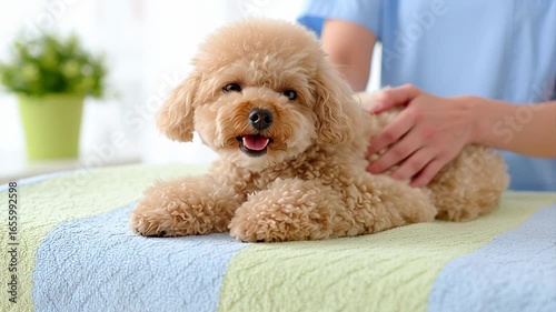 Relaxed poodle enjoying gentle massage by female caregiver in cozy setting