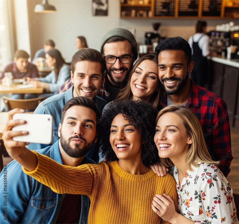 Obraz premium Group of Diverse Friends Taking a Selfie at Coffee Shop – Authentic Candid Lifestyle