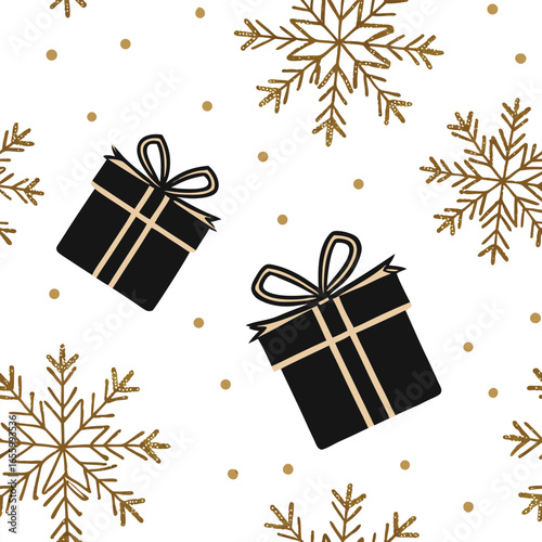 Black gift boxes with gold ribbon and gold snowflakes on white background present christmas