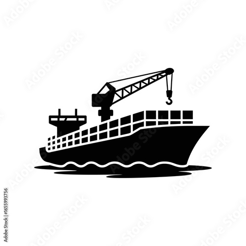Cargo Ship with Crane and Containers Icon, Silhouette of a ship in Sea.