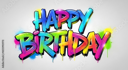 Vibrant graffiti-style artwork with bold paint brush strokes forming the words Happy Birthday