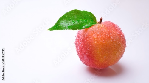 Fresh ripe peach with dewy green leaf on clean white background