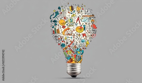 Lightbulb with graphic ideas exploding outwards