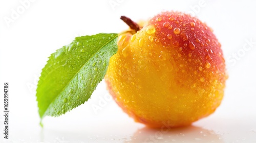 Ripe peach with green leaf on white surface, fresh water droplets highlighting juiciness
