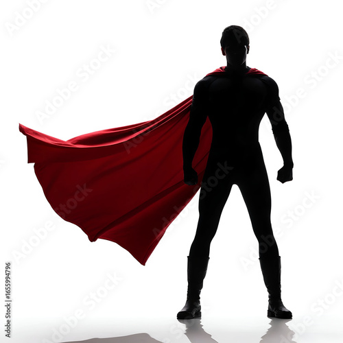 Silhouette of a superhero with cape isolated on white background