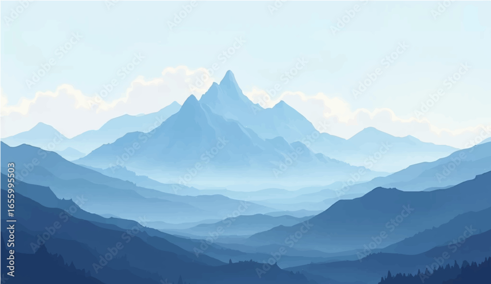 Fototapeta premium Morning mountain landscape with misty peaks and scenic valley view