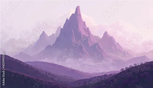 Sunrise panorama over snowy mountain peaks with clouds and scenic valley view