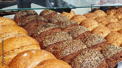 Footage of the various bread products in the bakery shop. Food