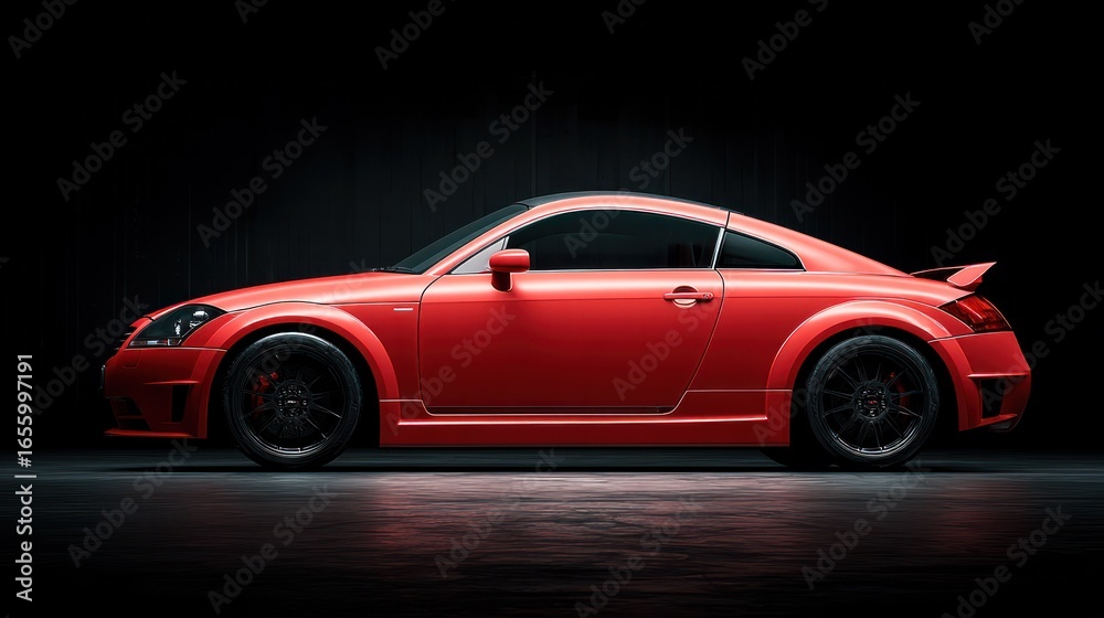 Obraz premium Red sports car exuding power and elegance on a sleek dark backdrop